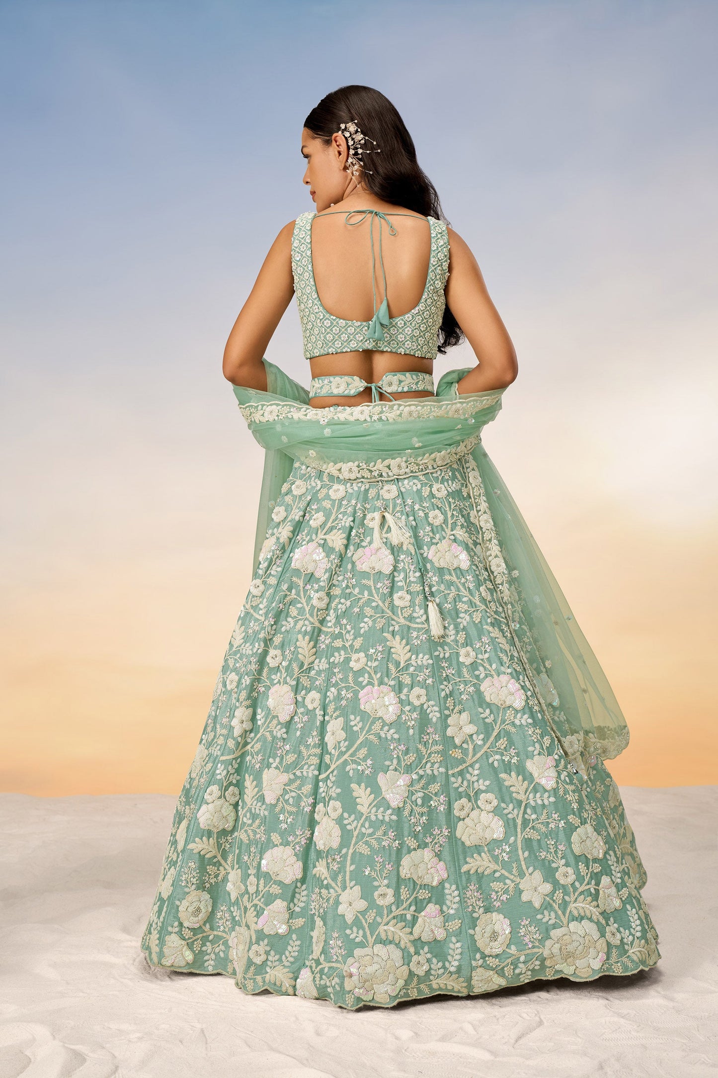 Sea Green Chinon Sequins and Zarkan embroidery Lehenga