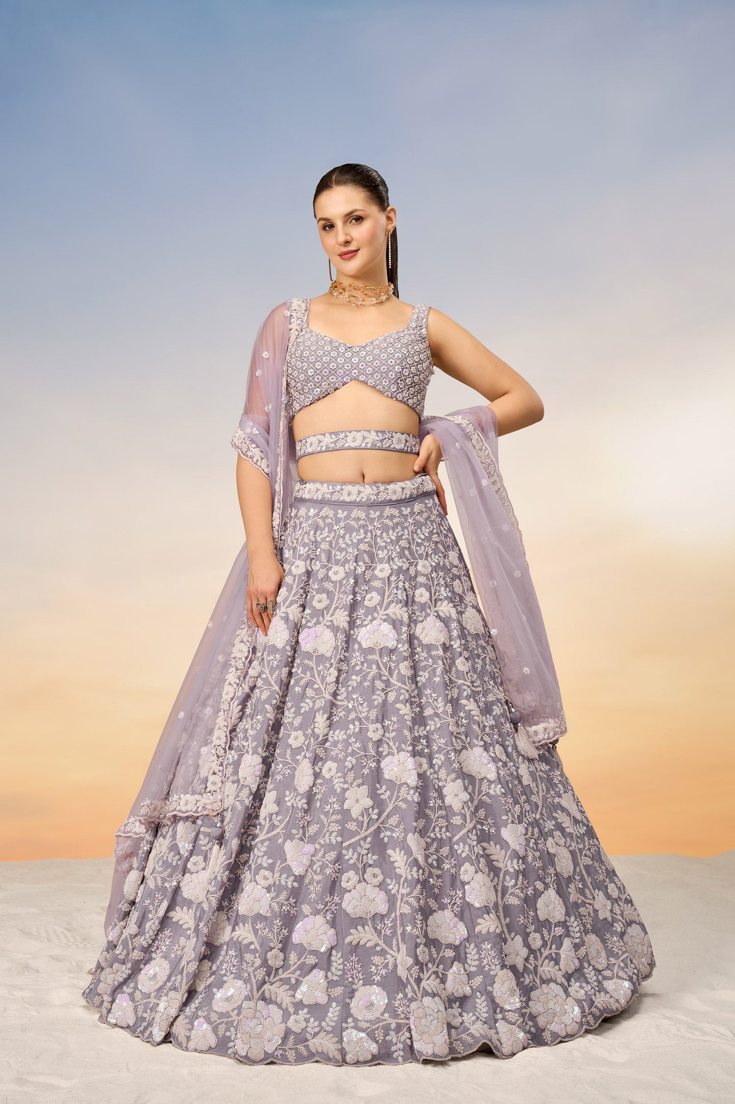 Mauve Chinon Sequins and Zarkan embroidery Lehenga