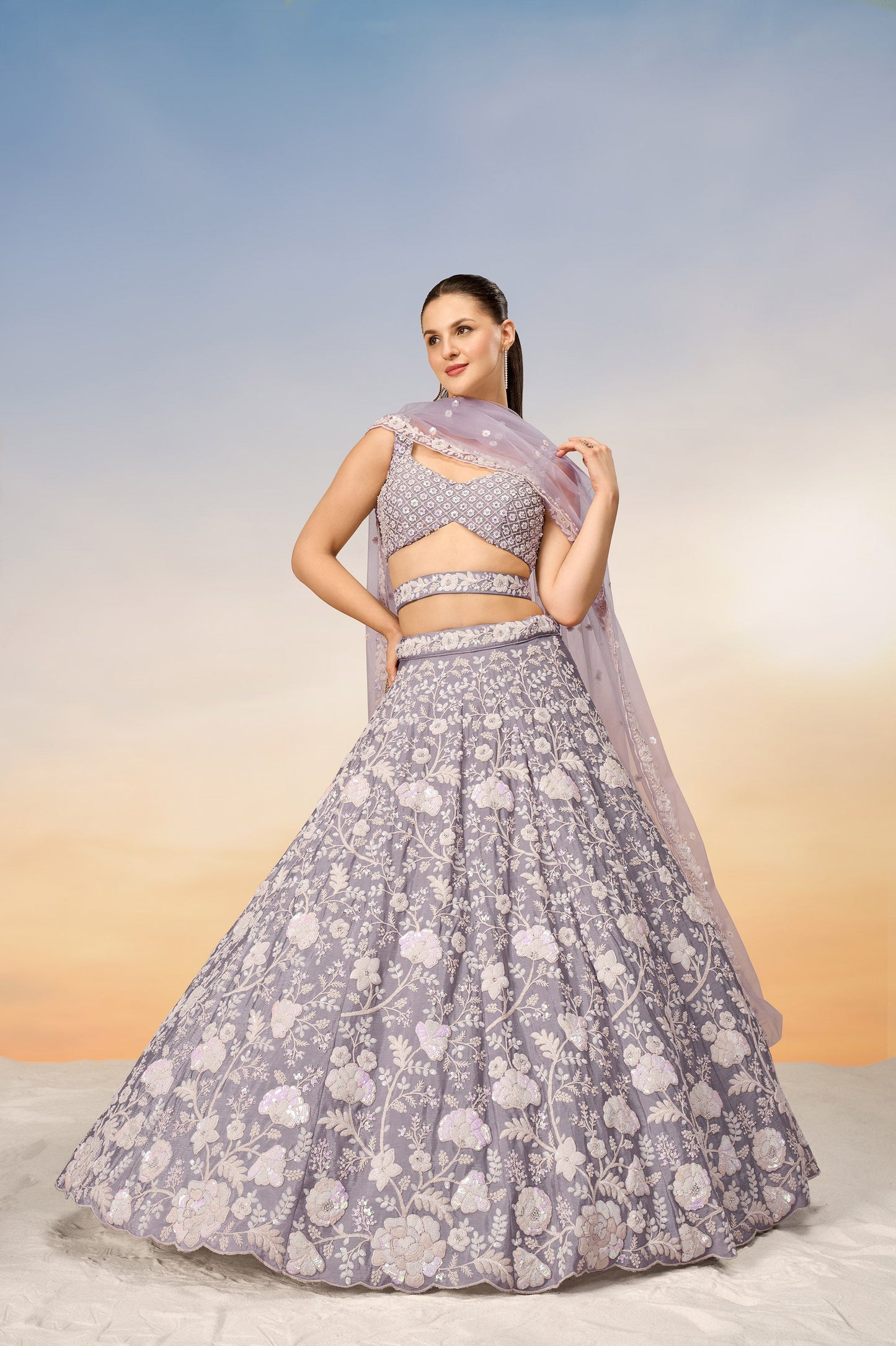 Mauve Chinon Sequins and Zarkan embroidery Lehenga