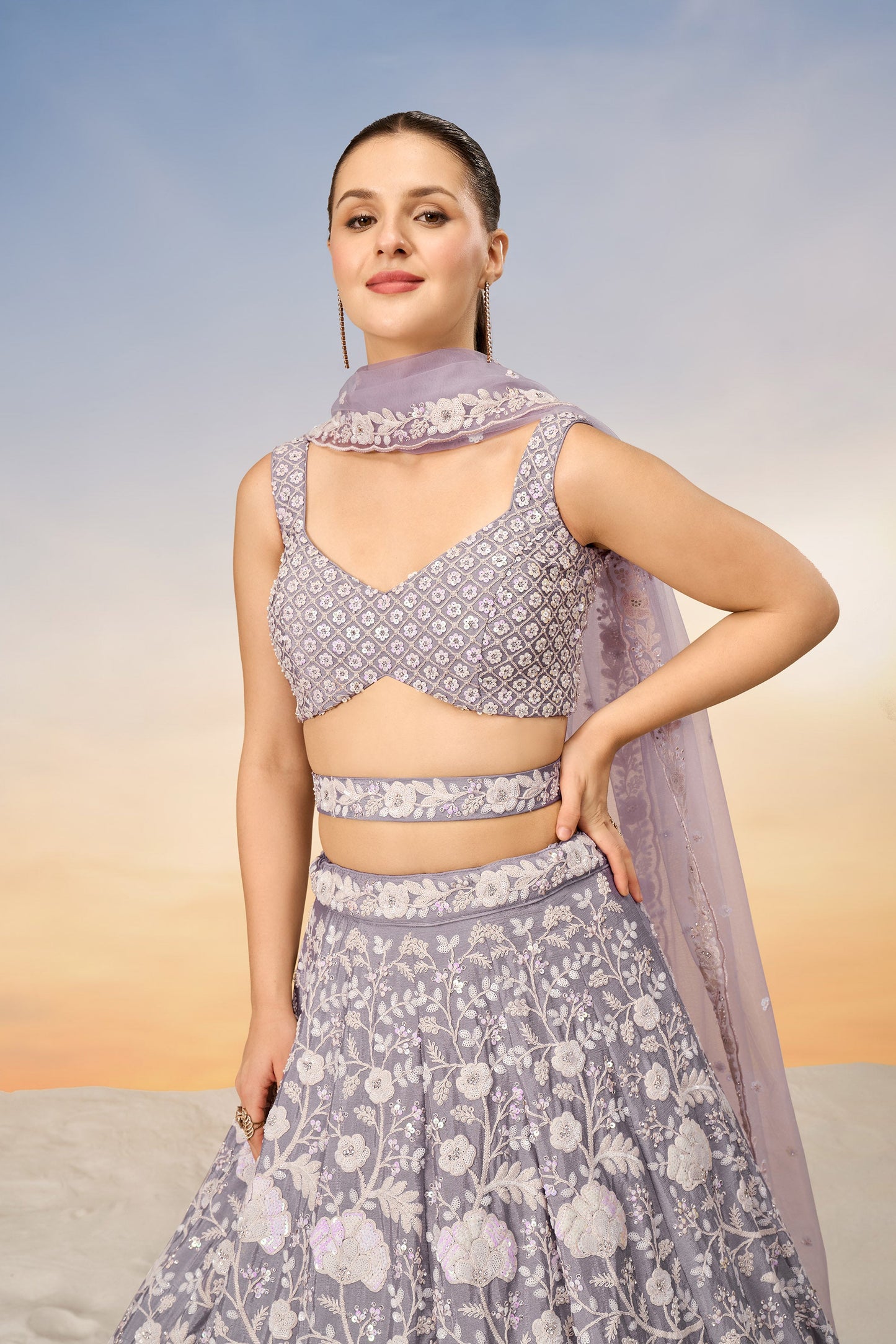 Mauve Chinon Sequins and Zarkan embroidery Lehenga