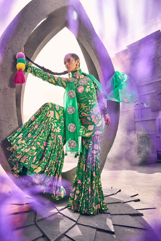 Pine Green color Kurti & Gharara Set with Patch Work Organza Dupatta