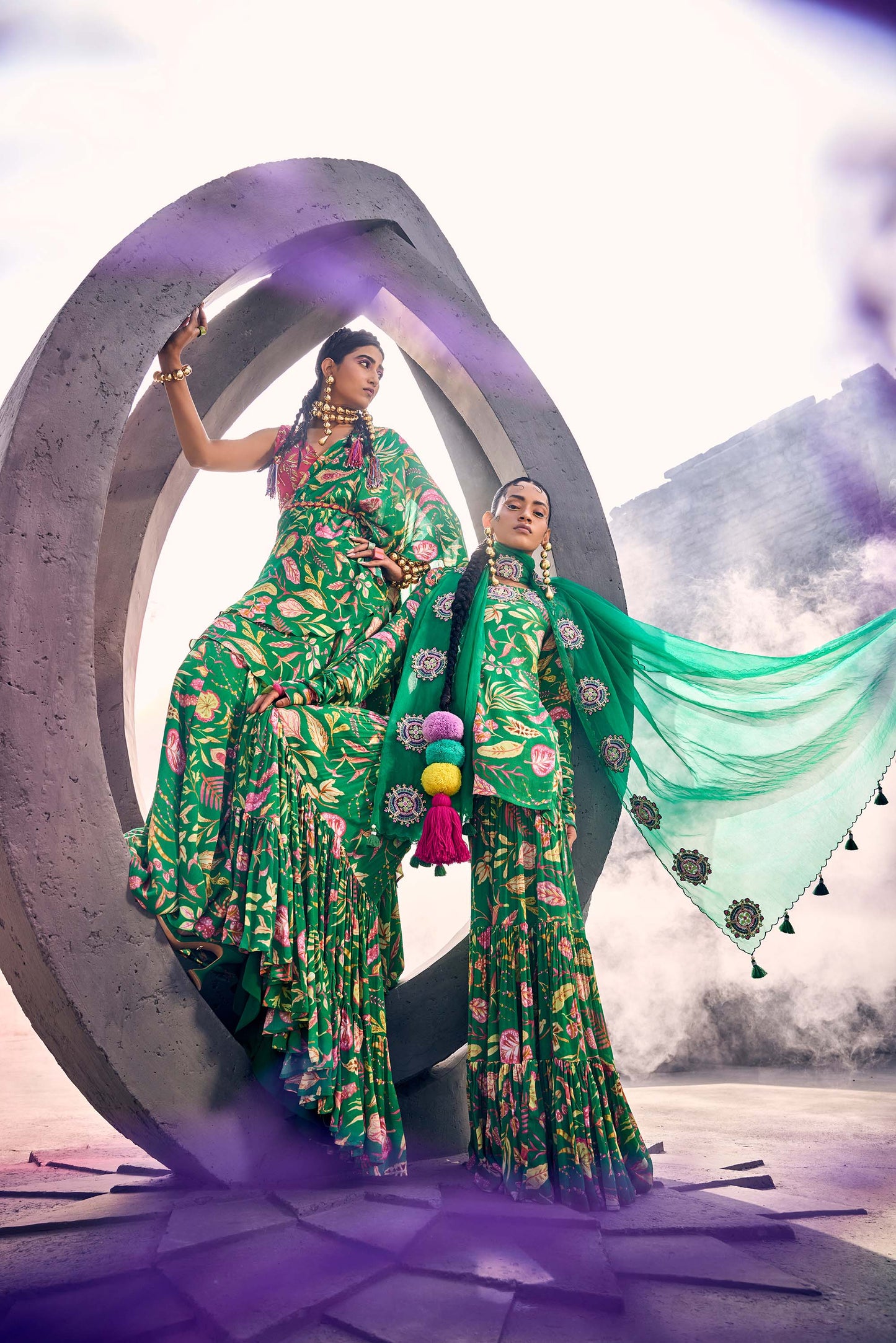 Pine Green color Kurti & Gharara Set with Patch Work Organza Dupatta