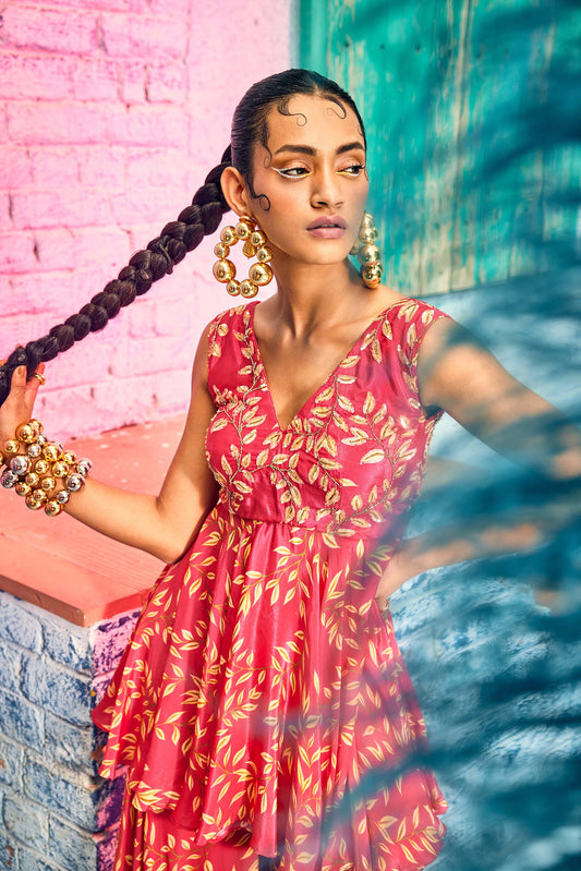 Rasberry pink digital printed flared Crepe gharara and hand embroidered tunic paired up with braided belt
