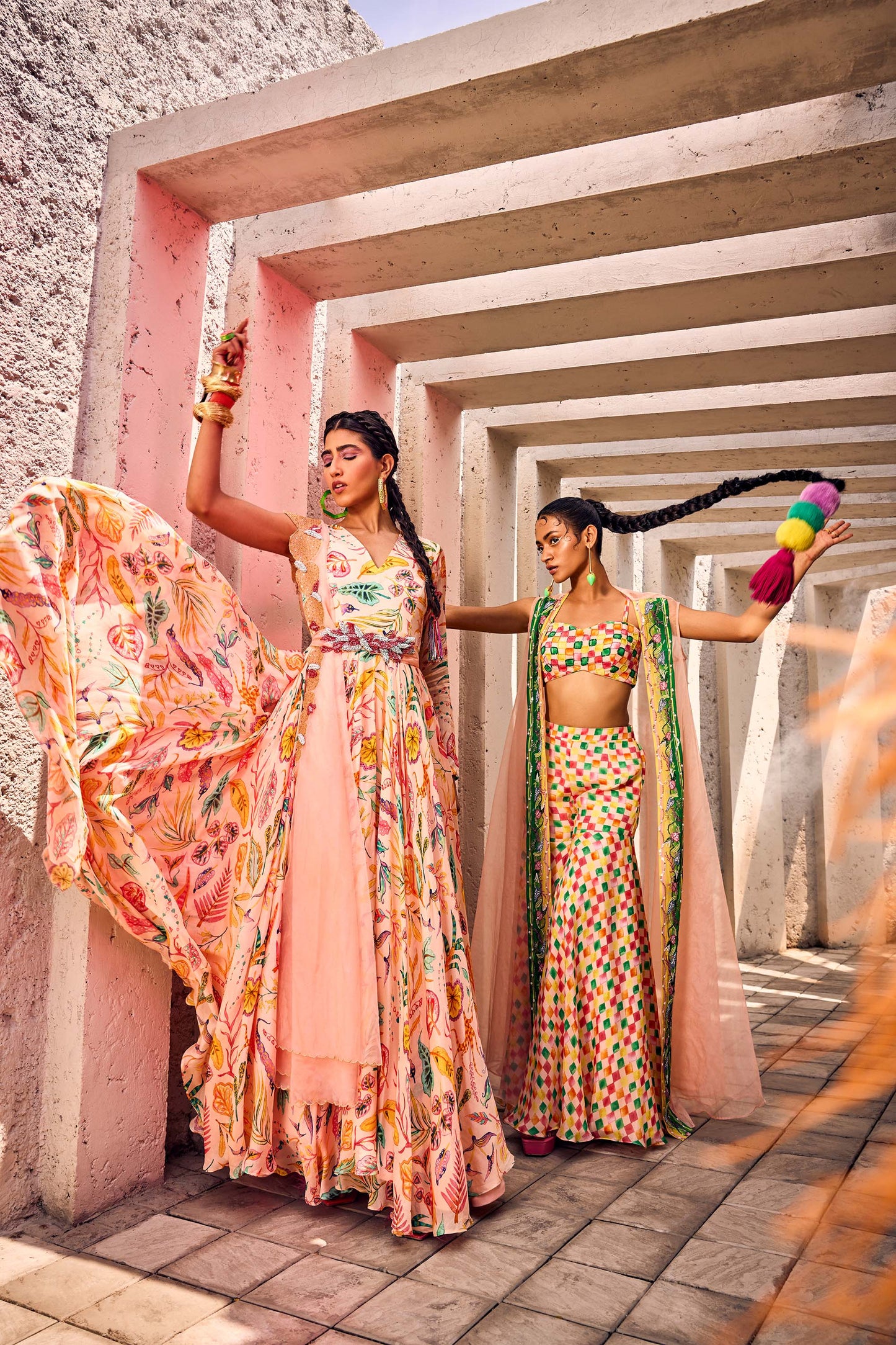 Multi-colored Bustier with Light work Shrug & Sharara Pants in Squared Print fabric