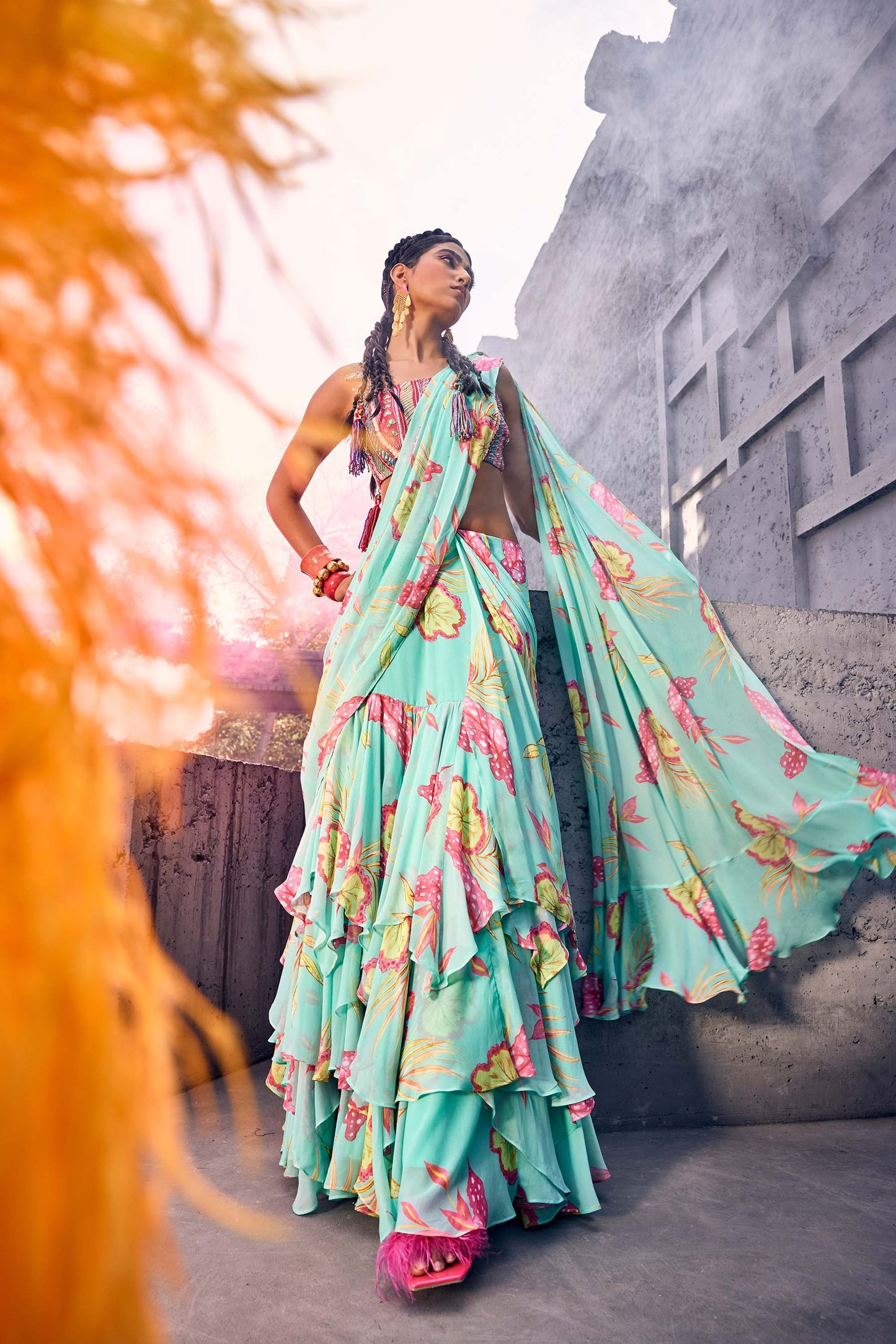 Light Blue Ruffle Georgette Saree in Floral Print