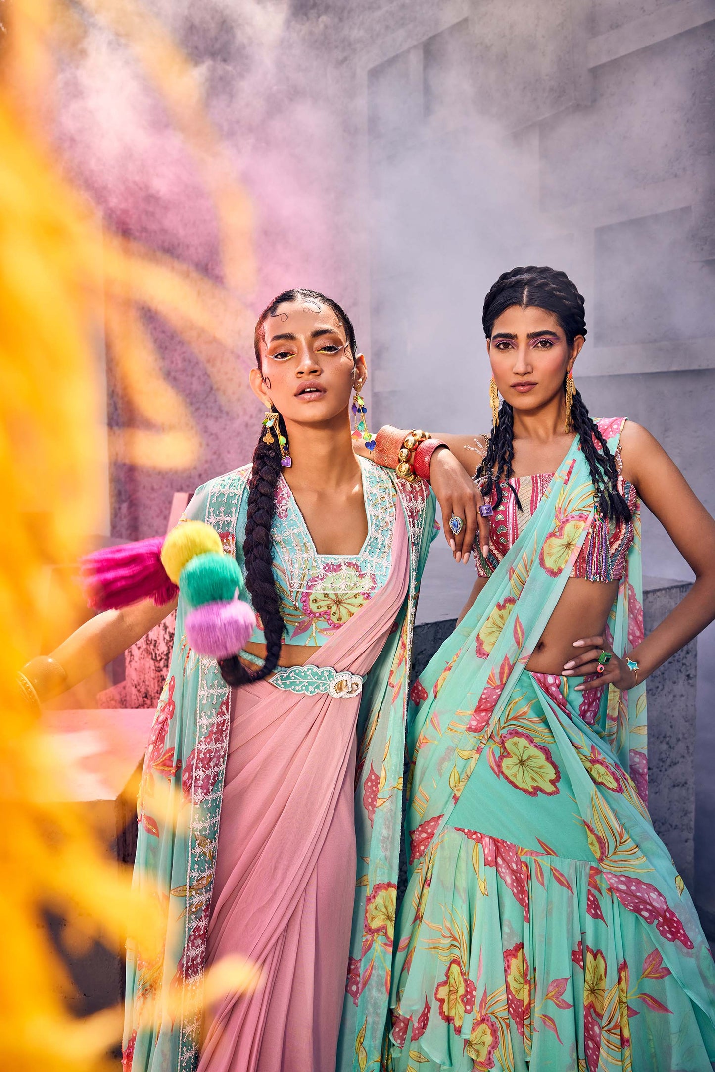 Light Blue Ruffle Georgette Saree in Floral Print