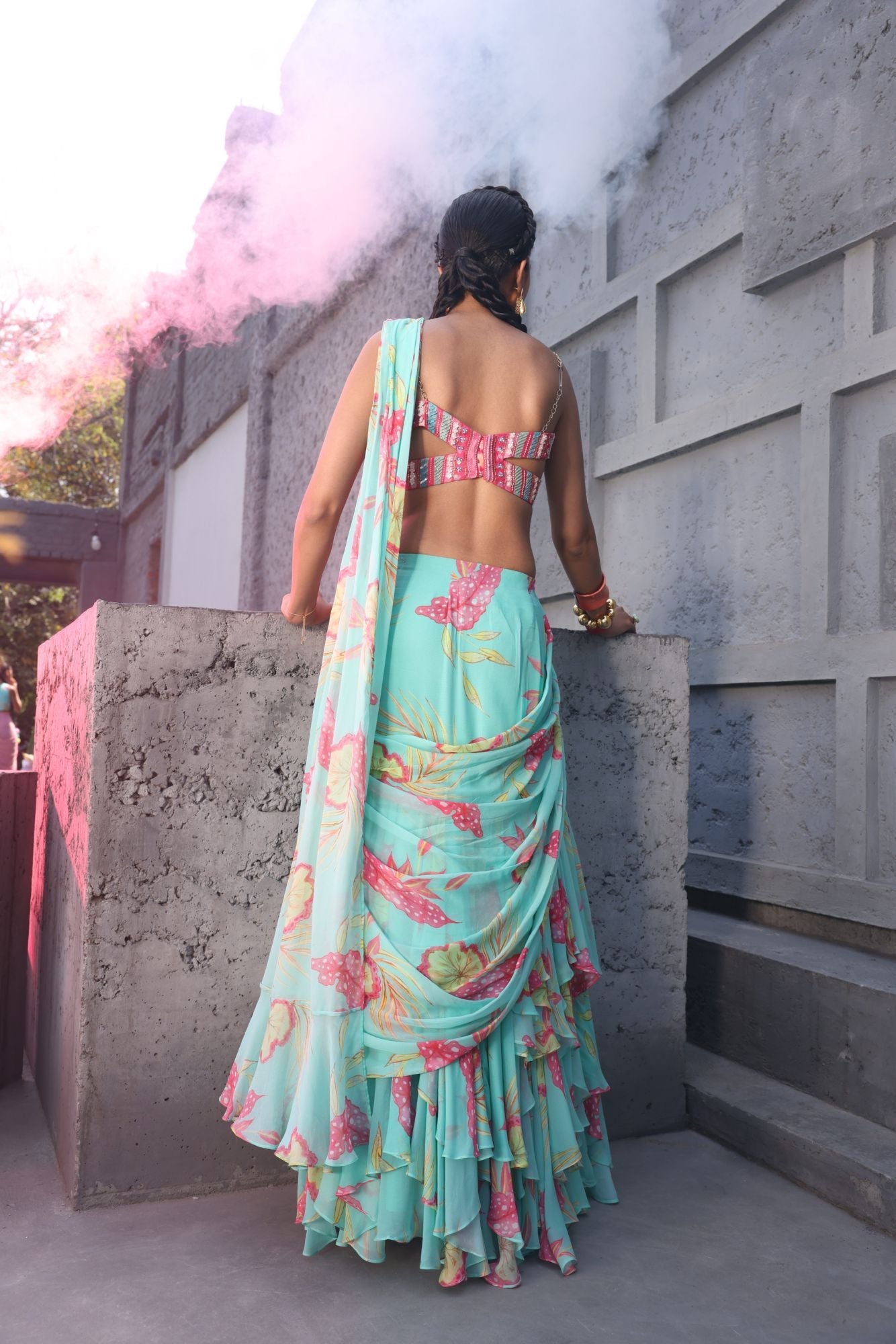 Light Blue Ruffle Georgette Saree in Floral Print