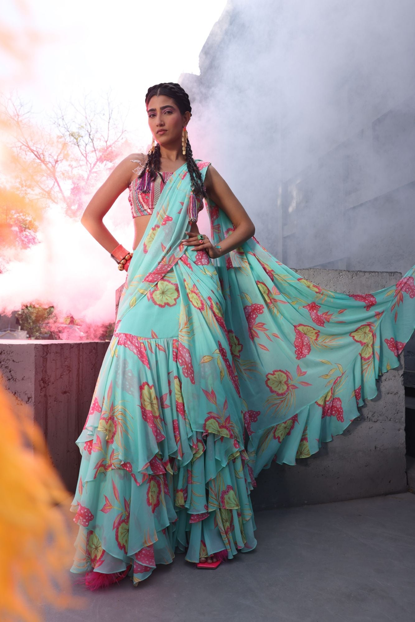 Light Blue Ruffle Georgette Saree in Floral Print