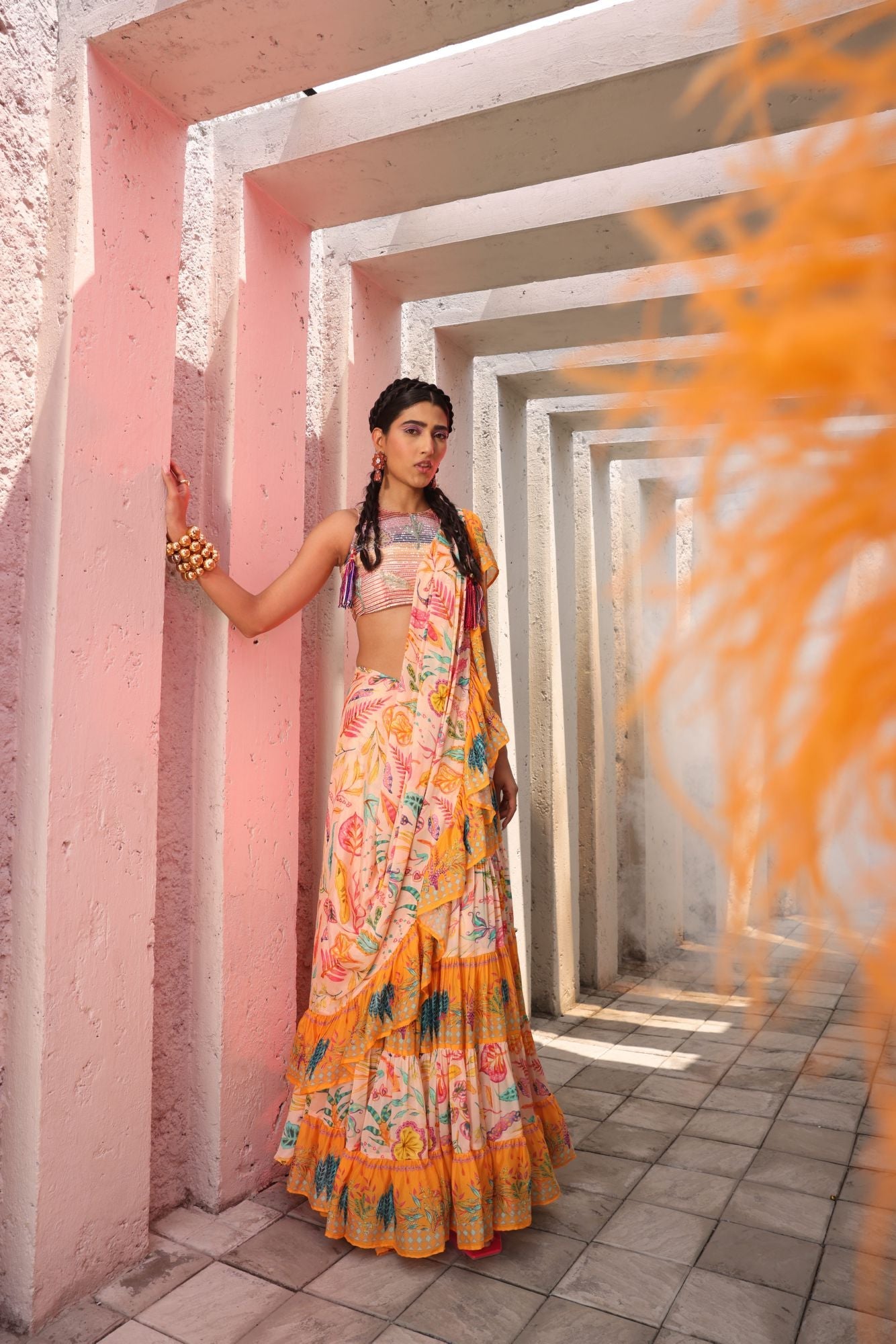 Drape-style Saree with Ruffle details in multi-color floral print