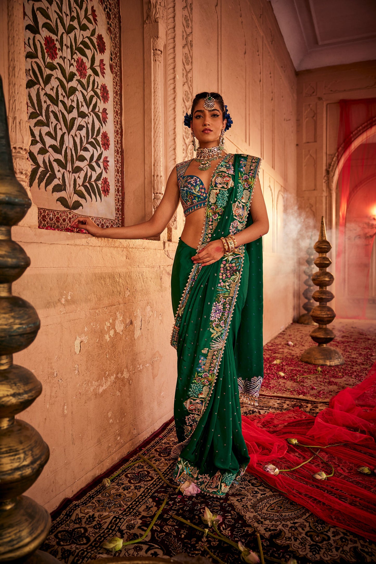 Natural Crepe Emerald Green Embroidered Saree