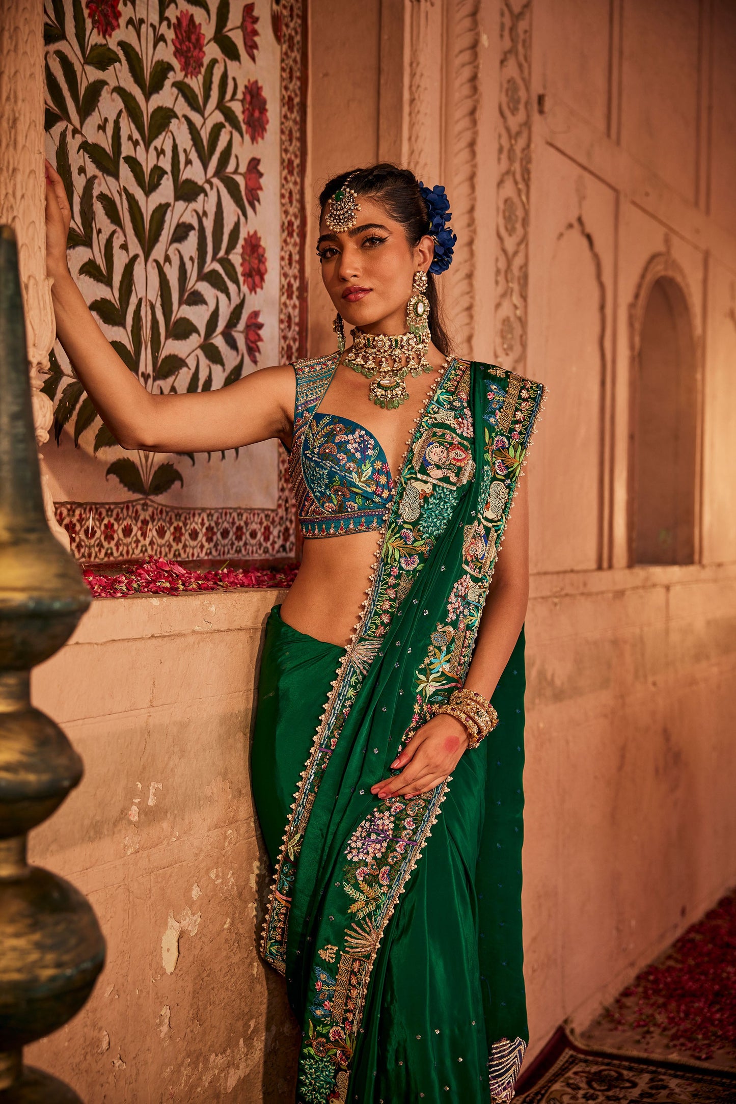 Natural Crepe Emerald Green Embroidered Saree