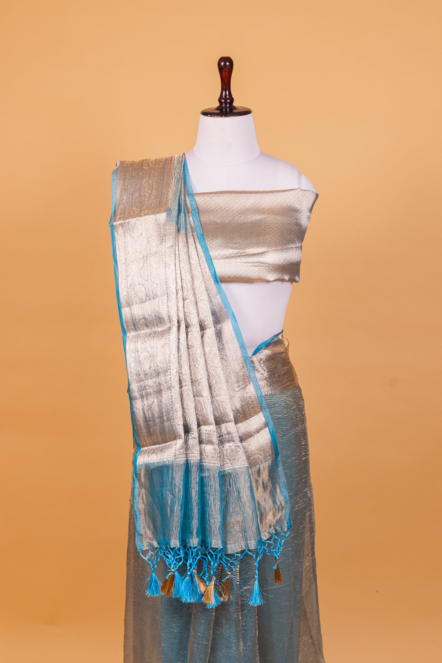 Turquoise blue Tissue Pure Silk Dyed Saree