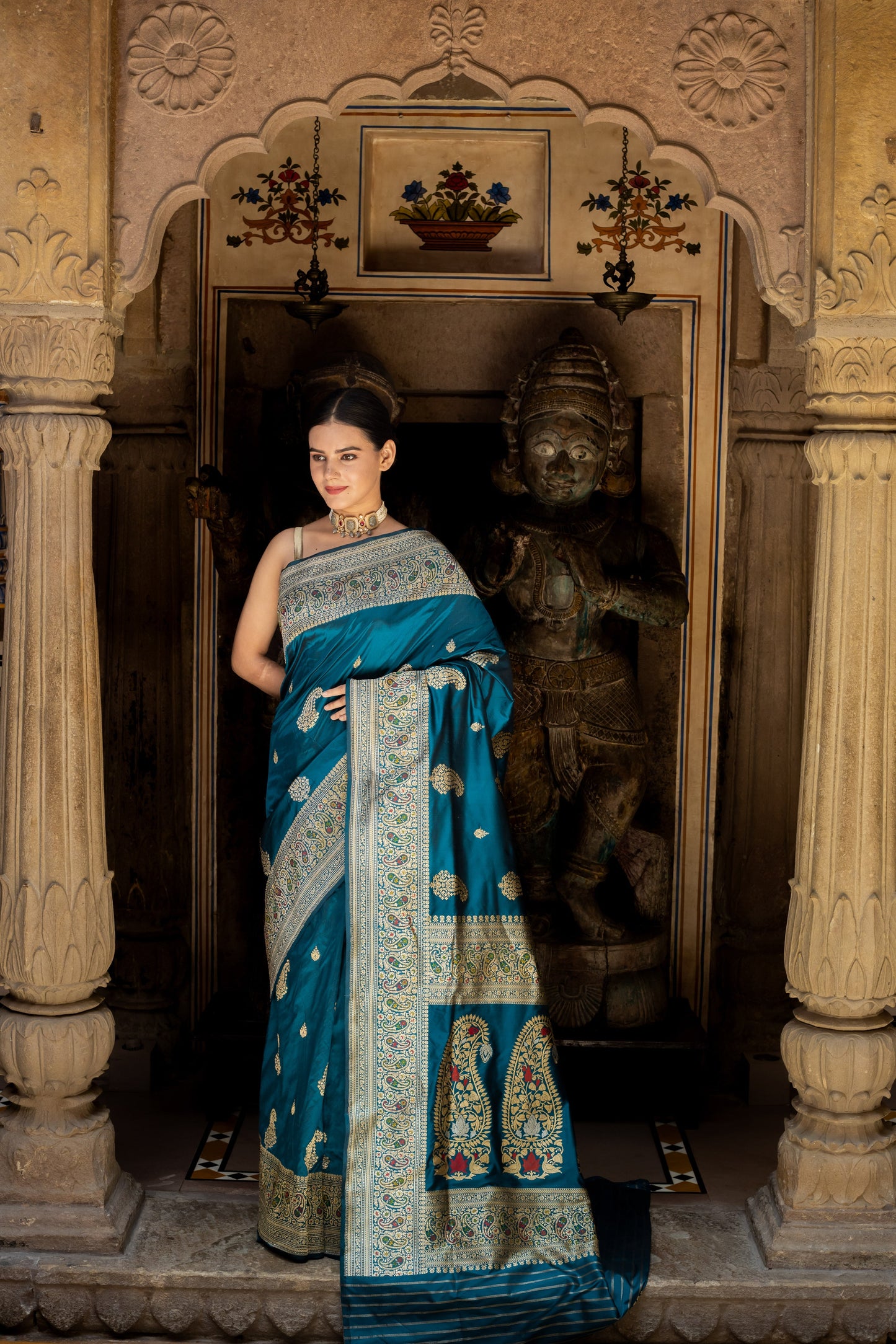 Teal Handwoven Kadwa Katan Silk Saree
