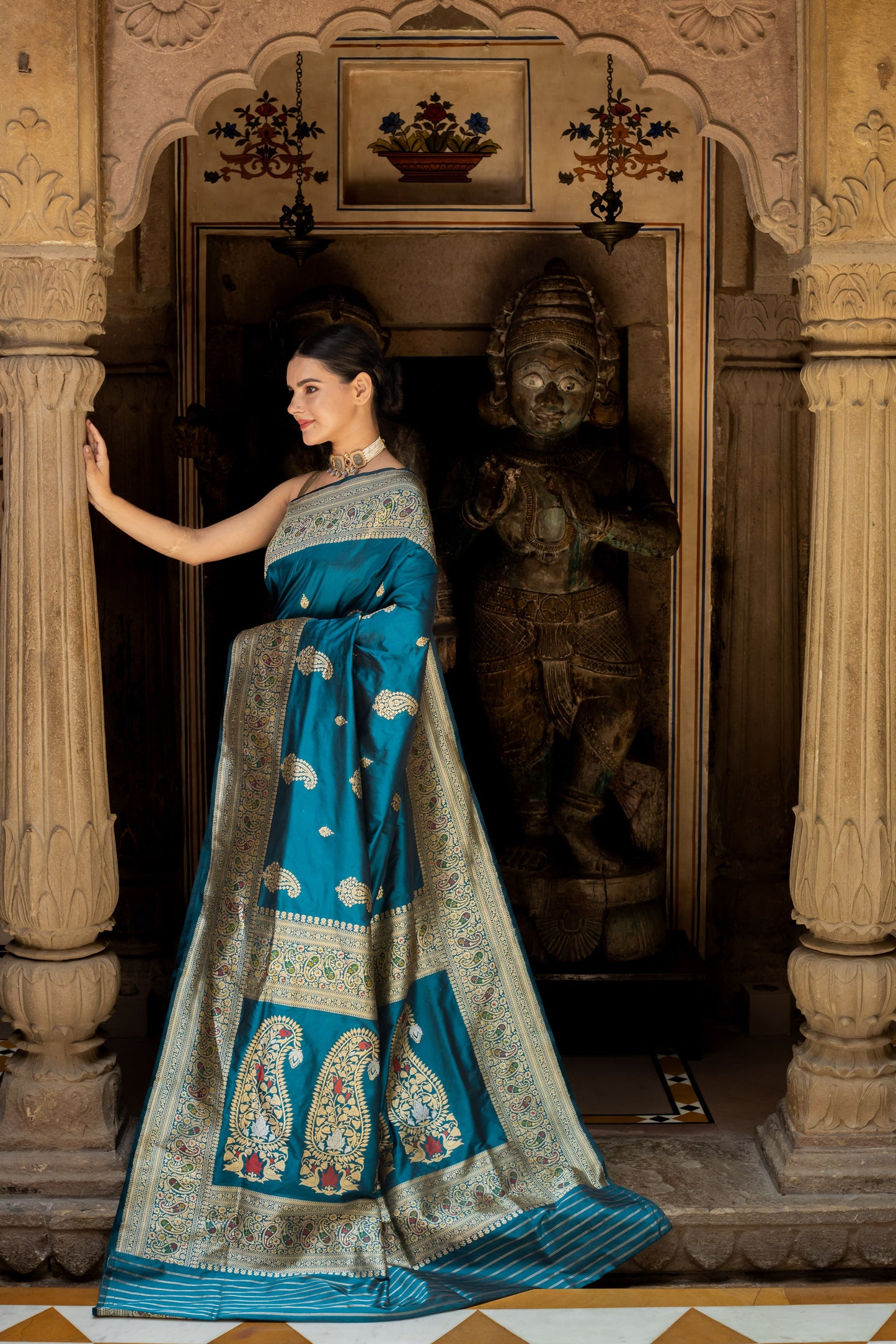 Teal Handwoven Kadwa Katan Silk Saree