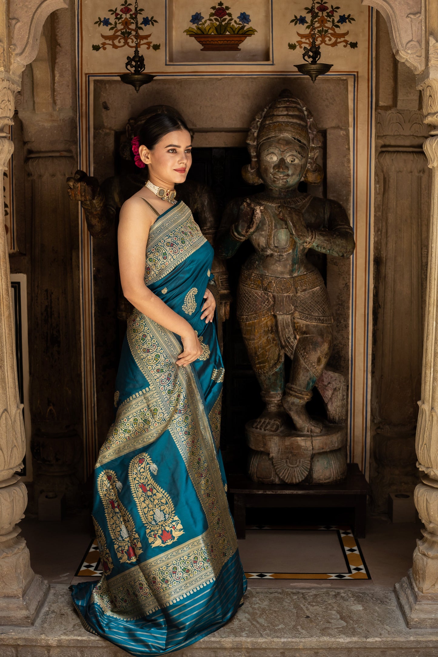 Teal Handwoven Kadwa Katan Silk Saree