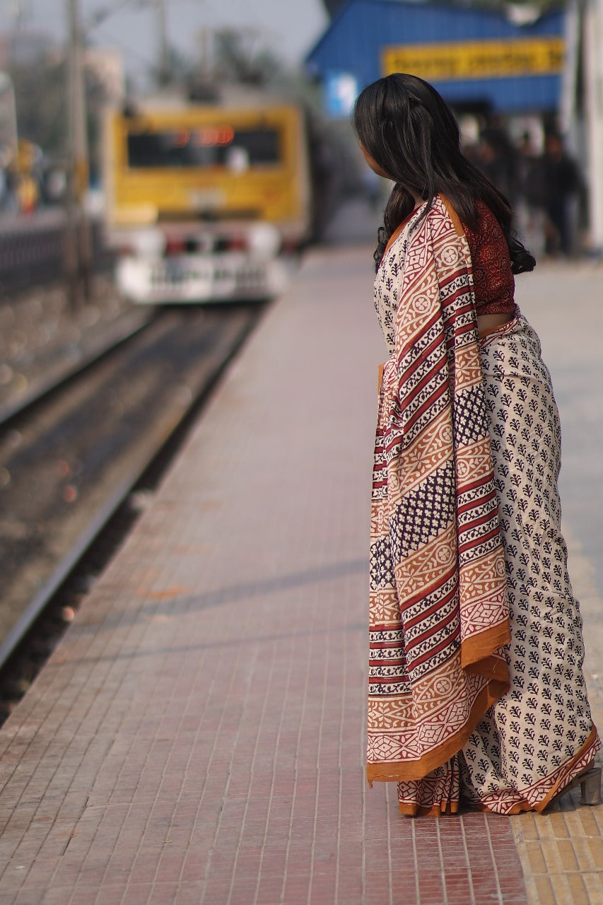 Beige Bagru White Saree with Rust Motif - Handblock Print Natural Dyed - Mulmul Cotton Saree