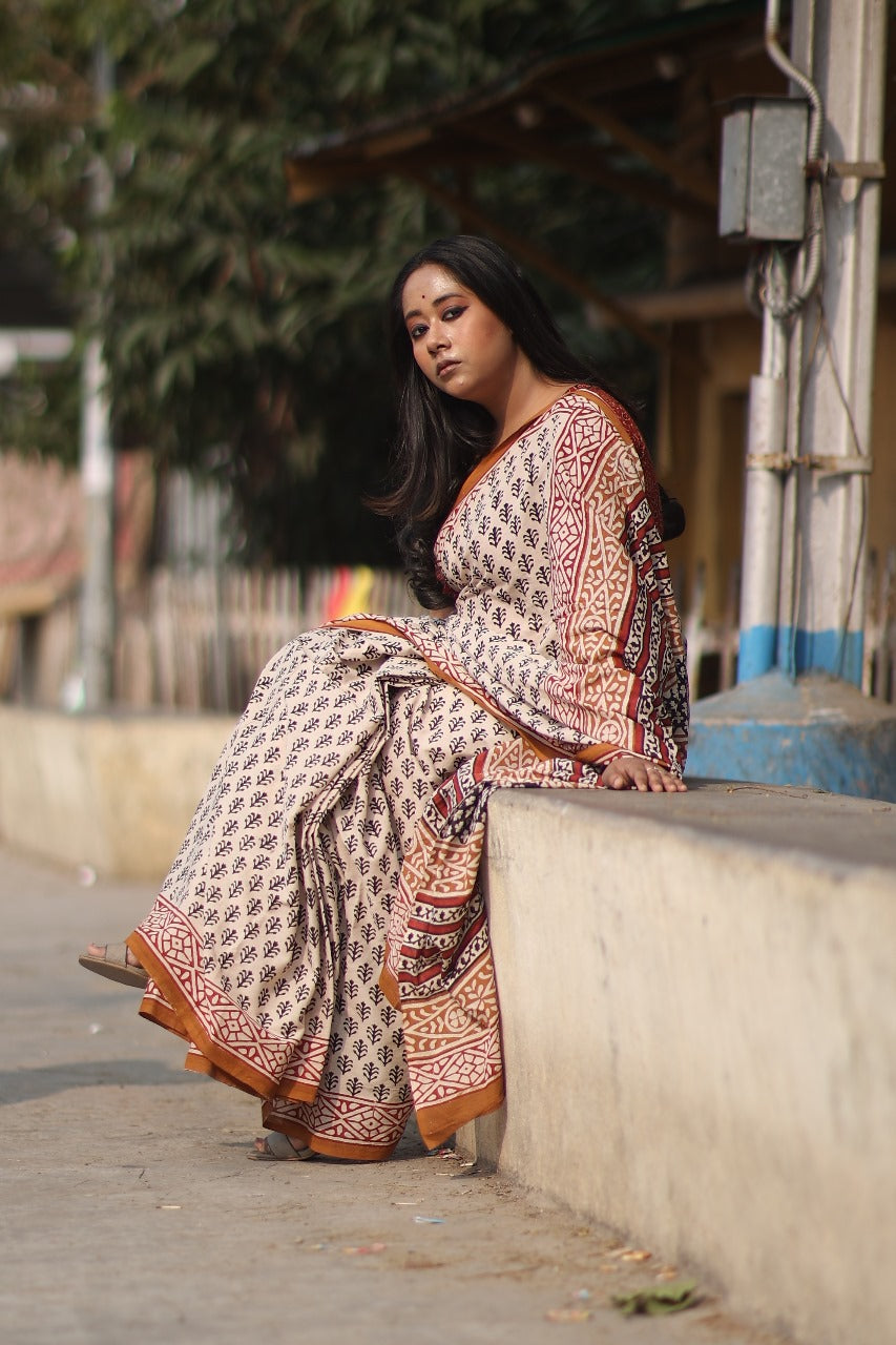 Beige Bagru White Saree with Rust Motif - Handblock Print Natural Dyed - Mulmul Cotton Saree