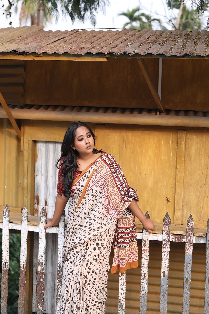 Beige Bagru White Saree with Rust Motif - Handblock Print Natural Dyed - Mulmul Cotton Saree