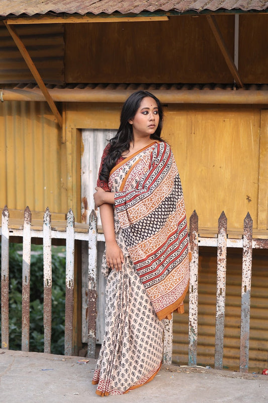 Beige Bagru White Saree with Rust Motif - Handblock Print Natural Dyed - Mulmul Cotton Saree