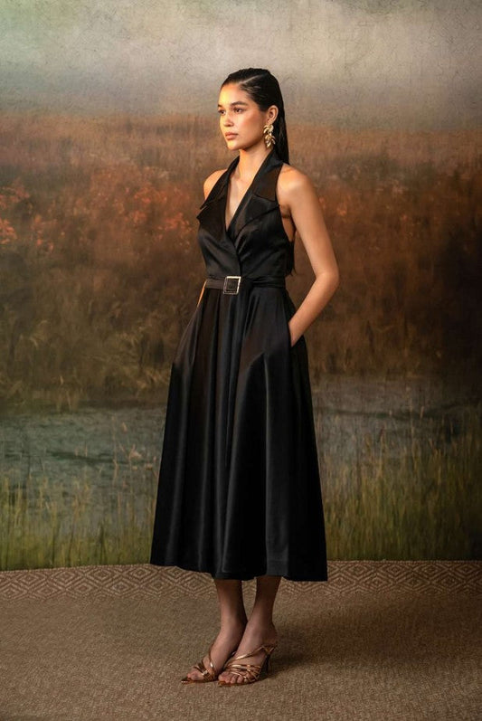 Valencia Black Satin PartyWear Dress in Midnight Noir