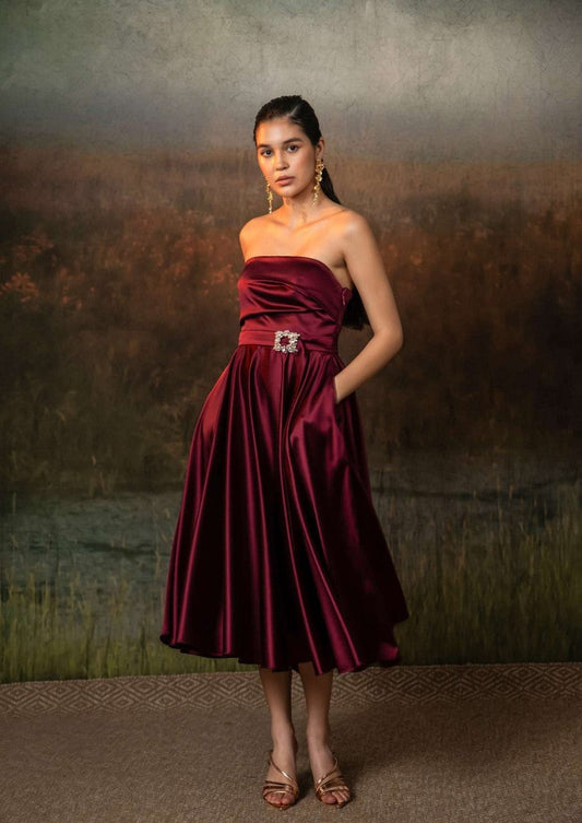 Althea Satin Party Wear Dress in Deep Maroon