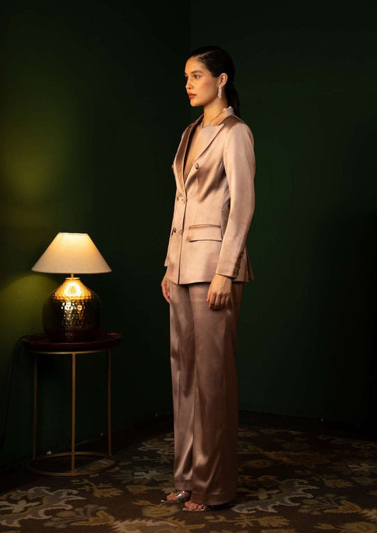 Double Breasted Liquid Sculpted Suit Ensemble  in Dusty Rose Pink