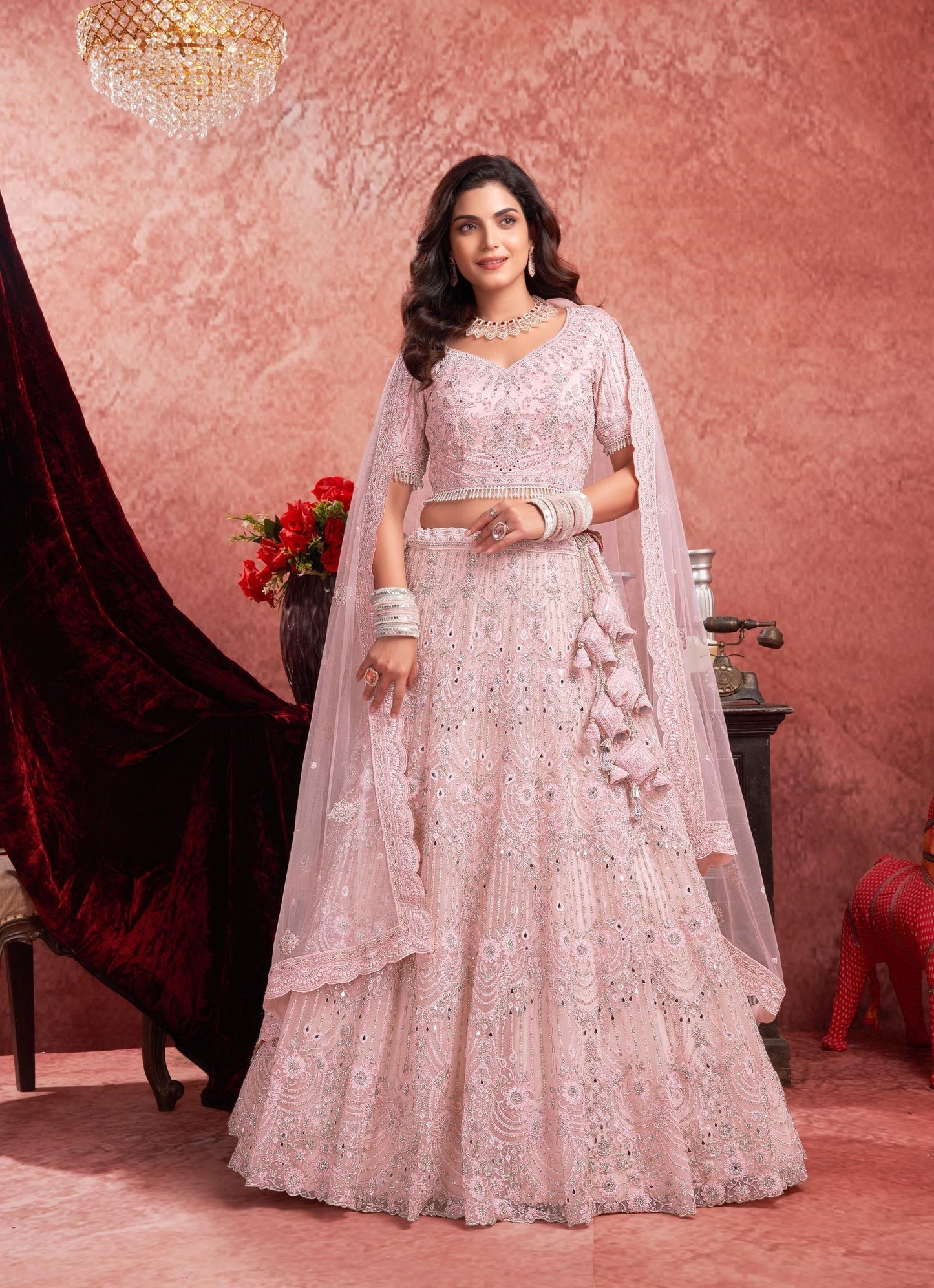 Pink Zarkan & Mirror Embroidery Net Bridal Lehenga