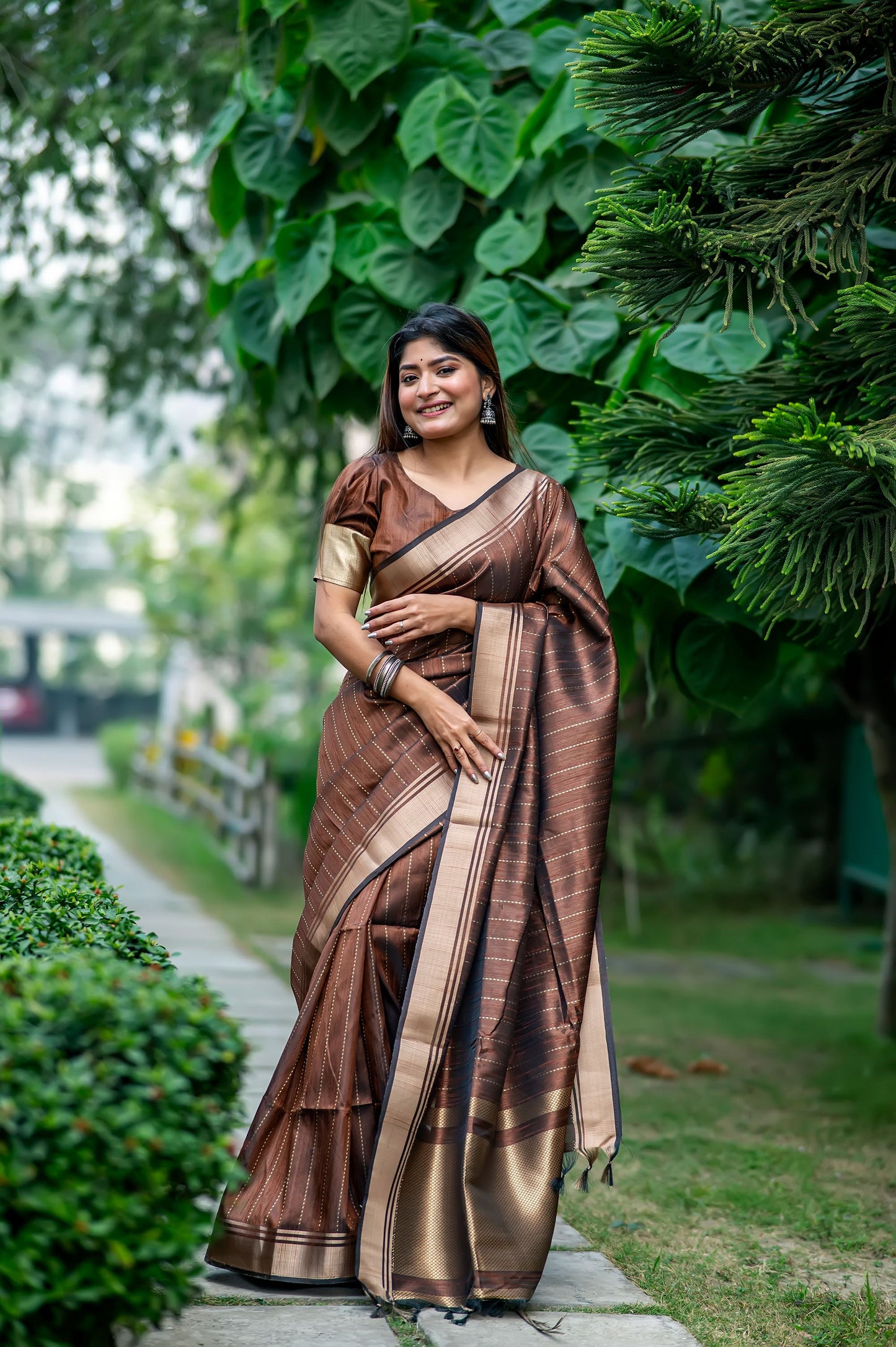 Coffee Raw Silk Lining Zari woven Saree