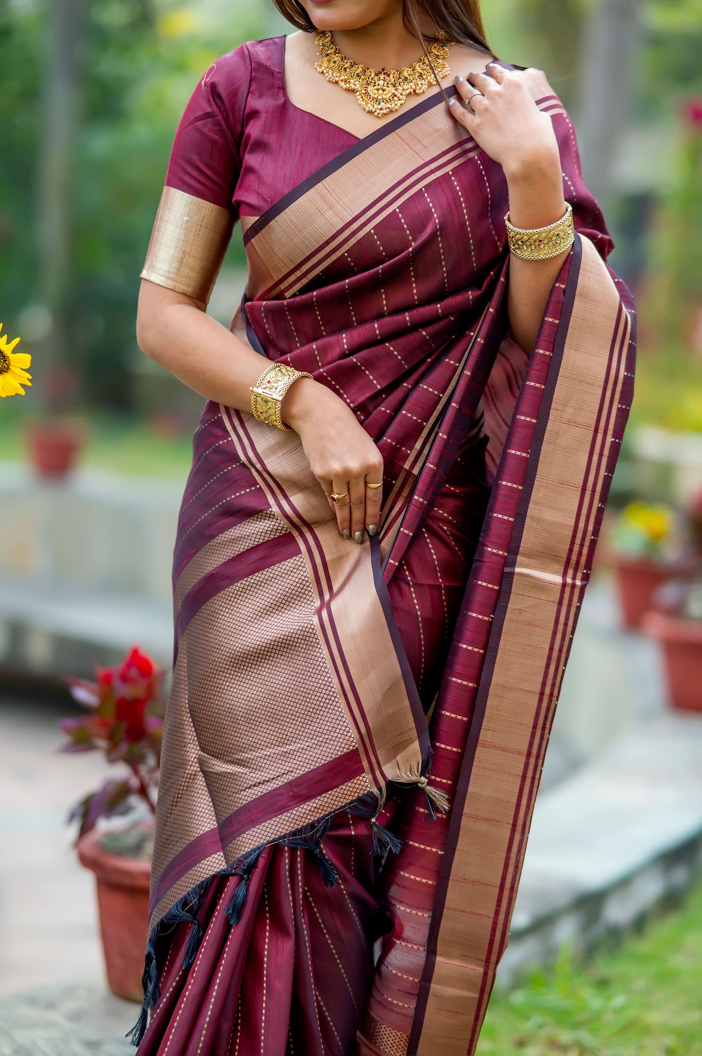 Maroon Raw Silk Lining Zari woven Saree