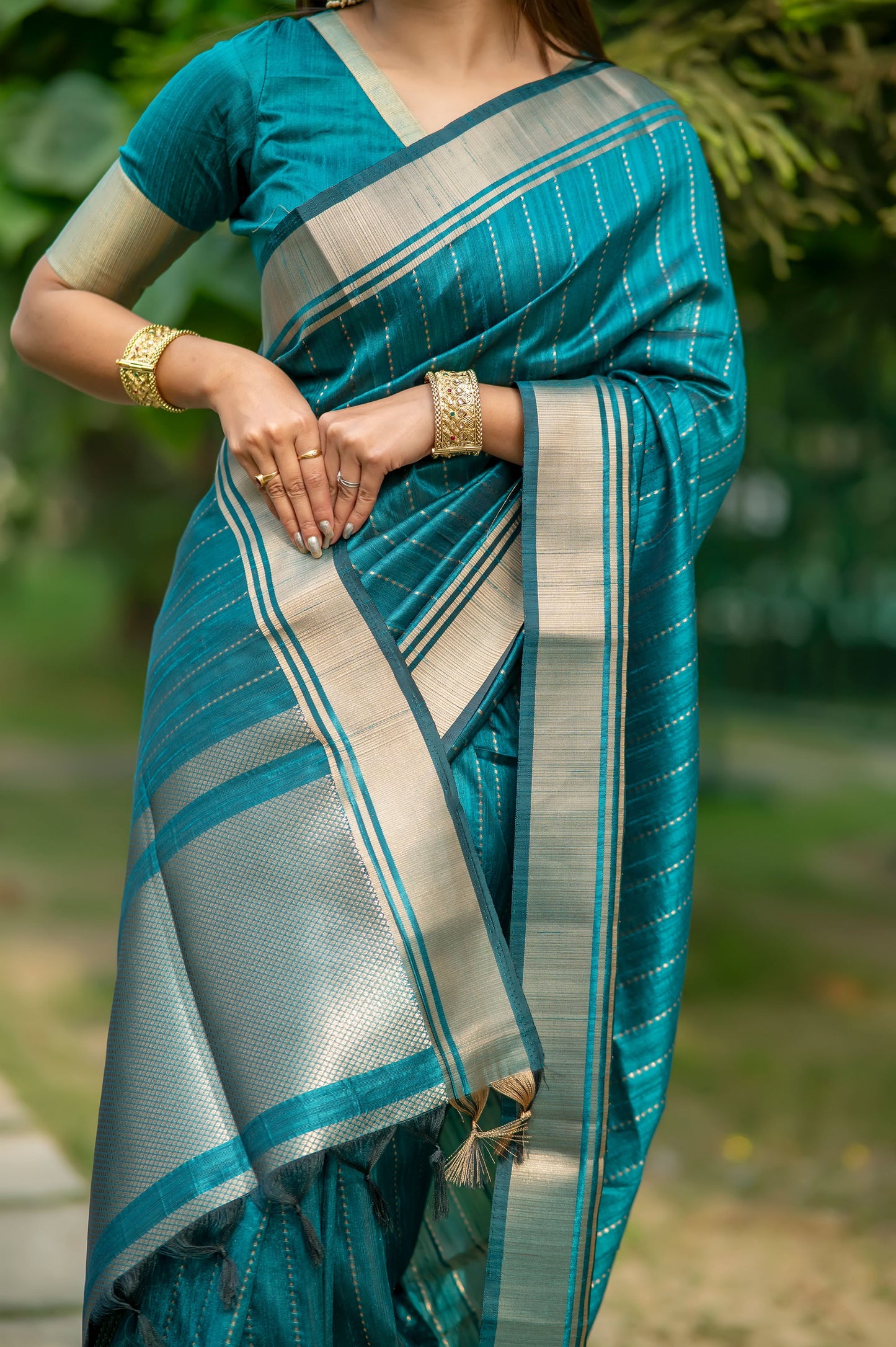 Rama Raw Silk Lining Zari woven Saree