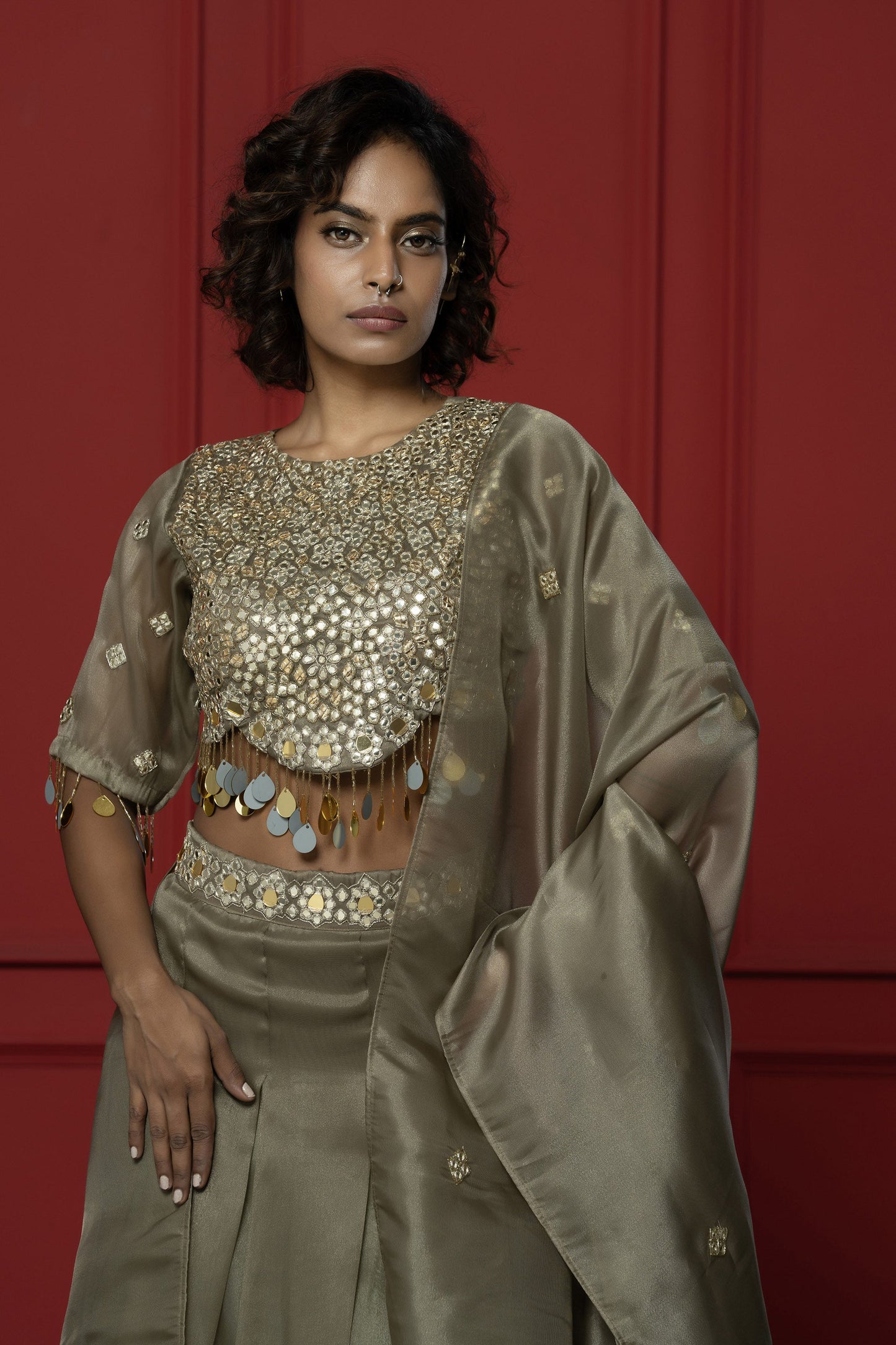 Greenish Copper Organza Mirror Lehenga Set