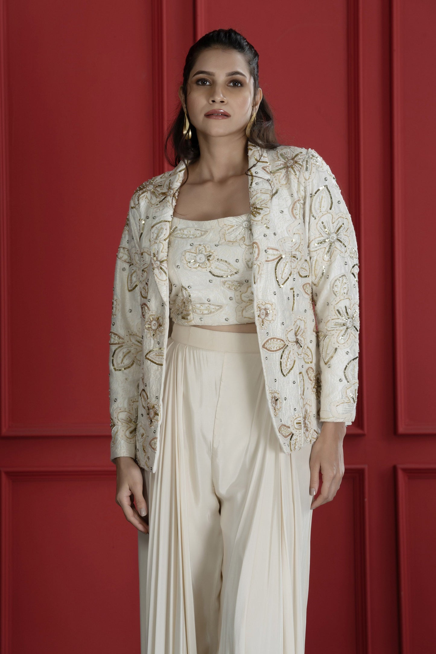 Off white Crepe Textured Embroidered Blazer Set