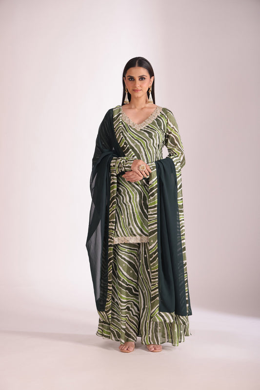 Gulzar Green Printed Chiffon Silk Sharara And Dupatta