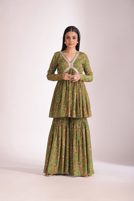 Gulzar Green Printed Crepe Silk Peplum With Gharara And Dupatta