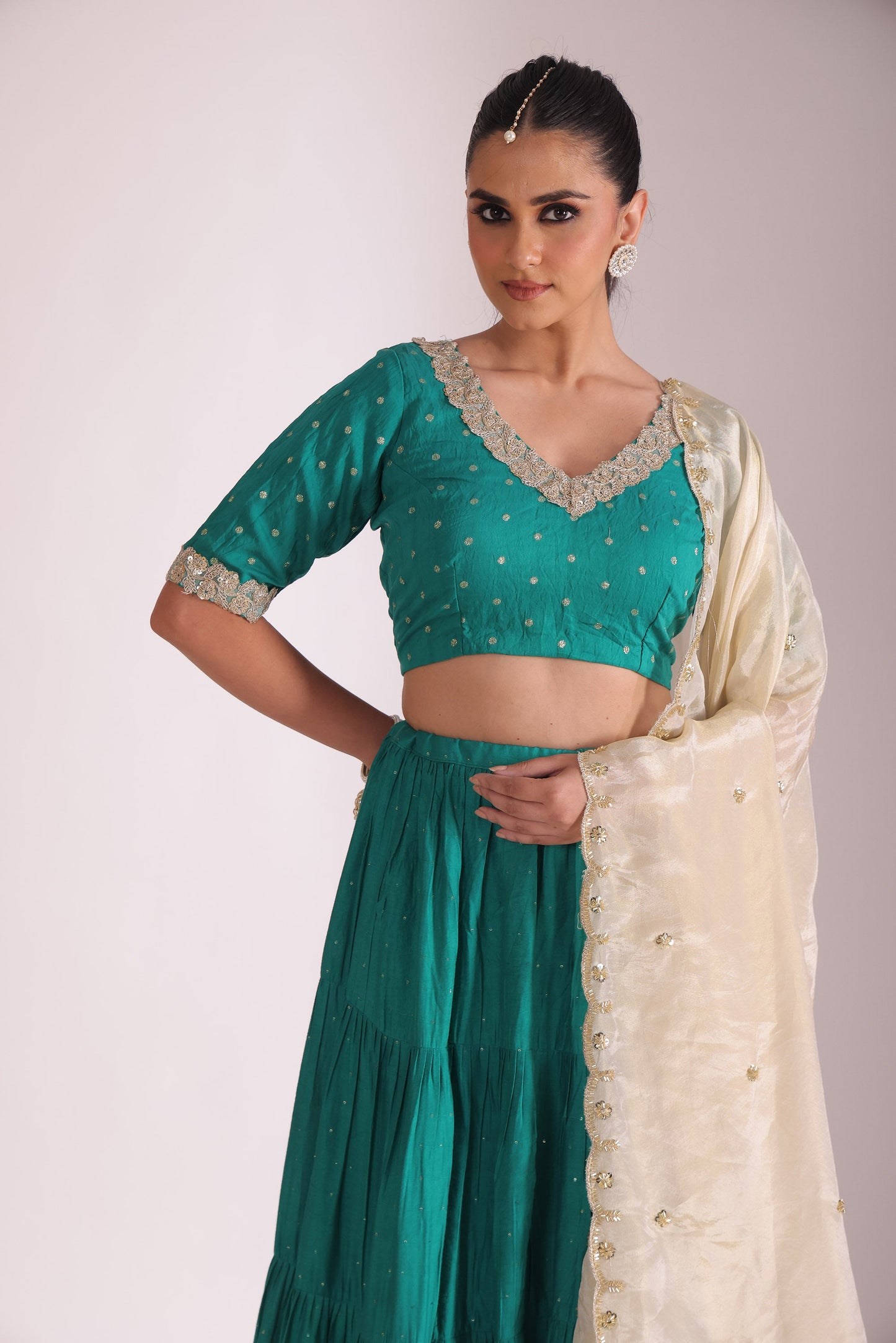 Mastani Teal Embroidered Chanderi Blouse And Lehenga With Dupatta