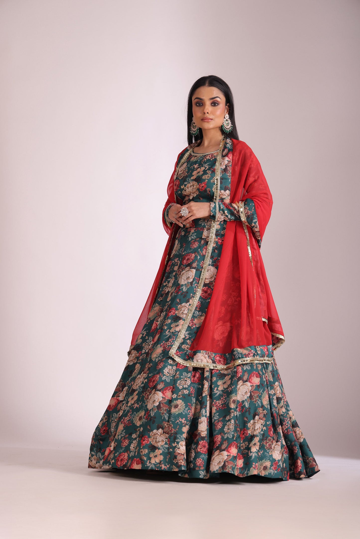 Gulzar Green Printed Silk Crepe Lehenga And Dupatta