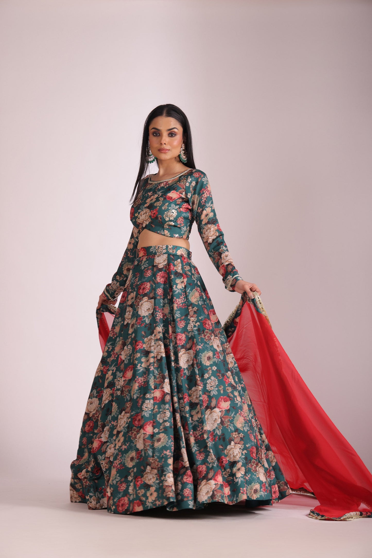 Gulzar Green Printed Silk Crepe Lehenga And Dupatta
