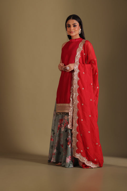 Gulzar Red & Green Printed Kashmiri Silk  Sharara And Dupatta