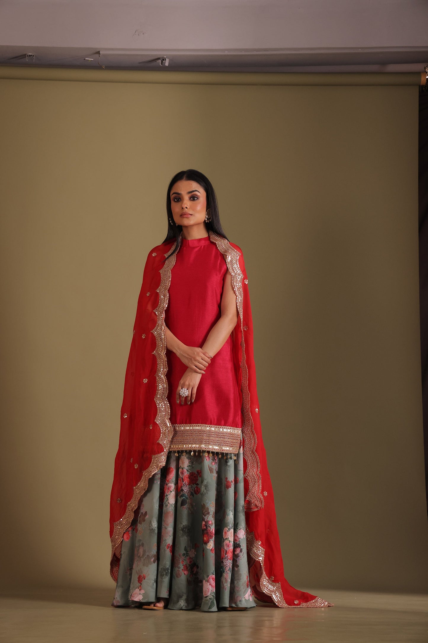 Gulzar Red & Green Printed Kashmiri Silk Sharara And Dupatta