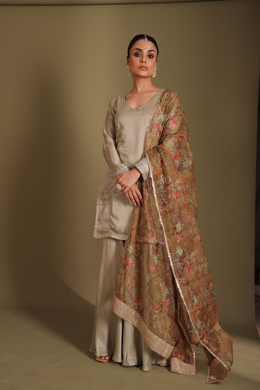 Jhalak Sage Embroidered Kashmiri Silk  Sharara And Dupatta