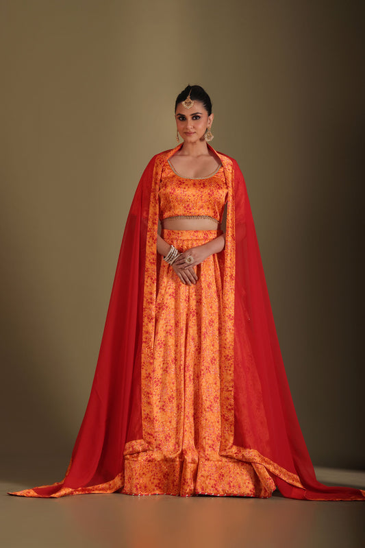 Gulzar Orange Printed Satin Georgette Lehenga And Dupatta