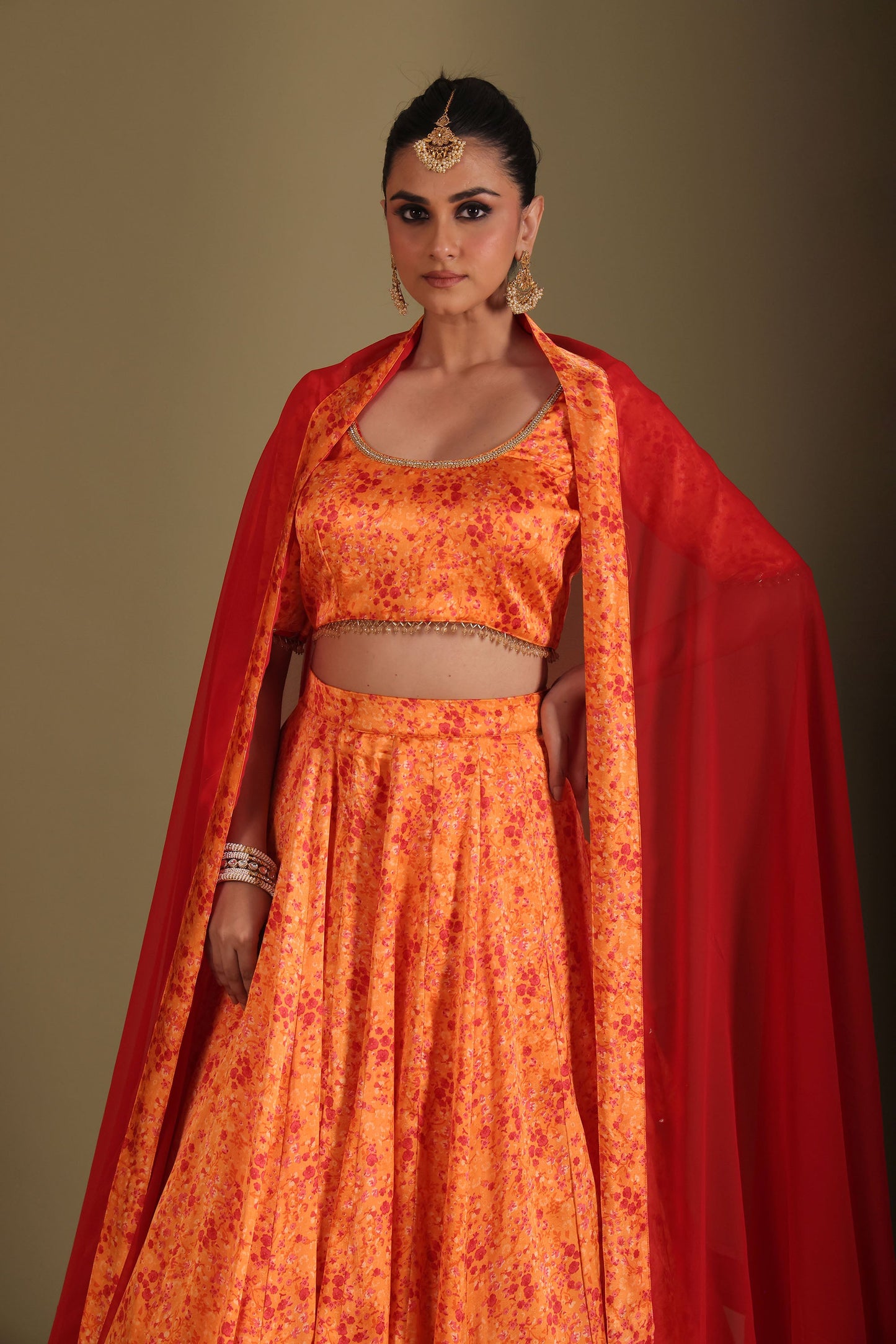 Gulzar Orange Printed Satin Georgette Lehenga And Dupatta