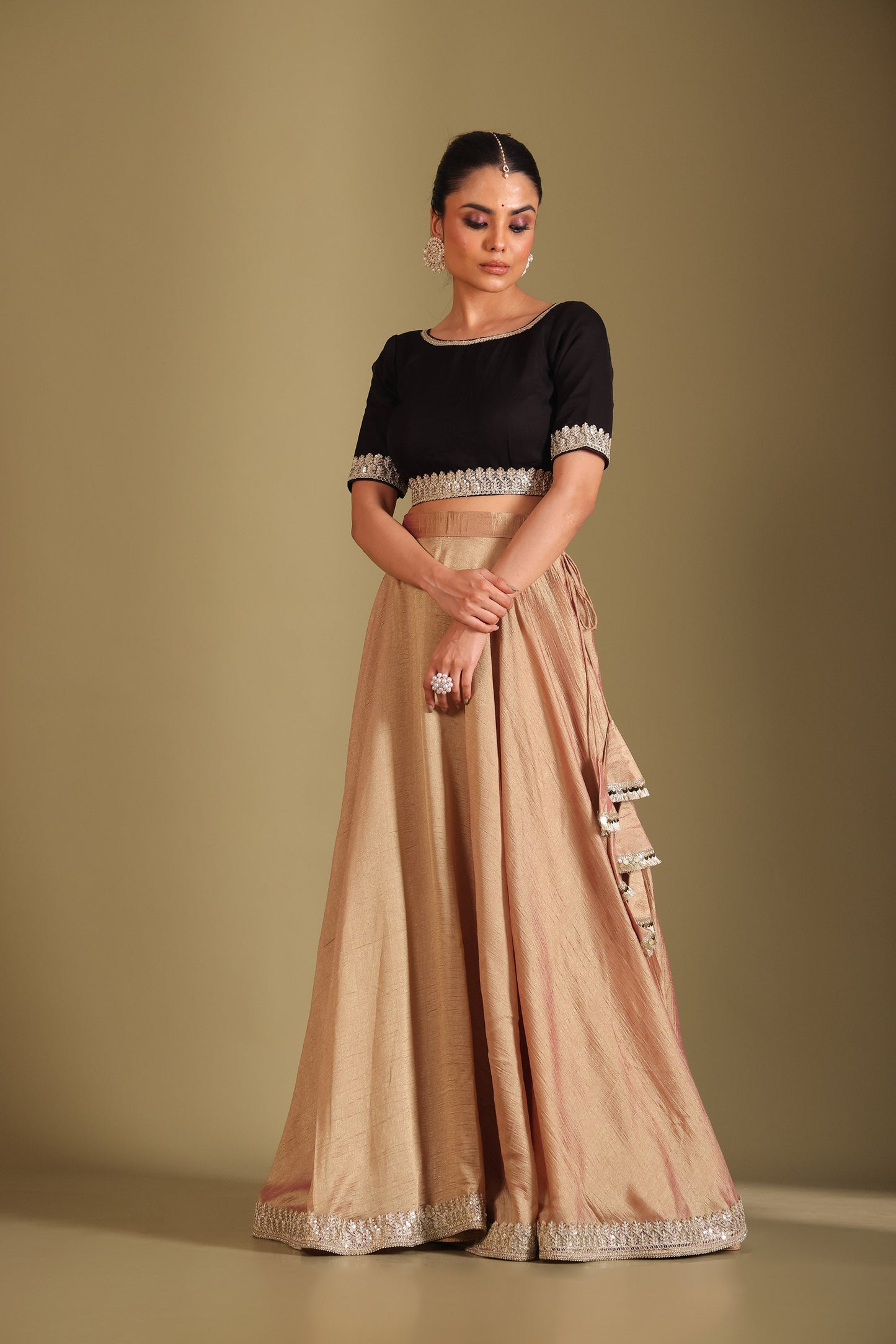 Jhalak Rose Gold & Black Kashmiri Silk Printed Lehenga And Dupatta
