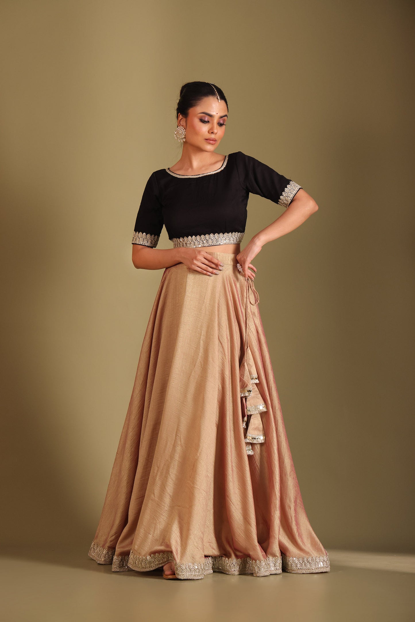 Jhalak Rose Gold & Black Kashmiri Silk Printed Lehenga And Dupatta