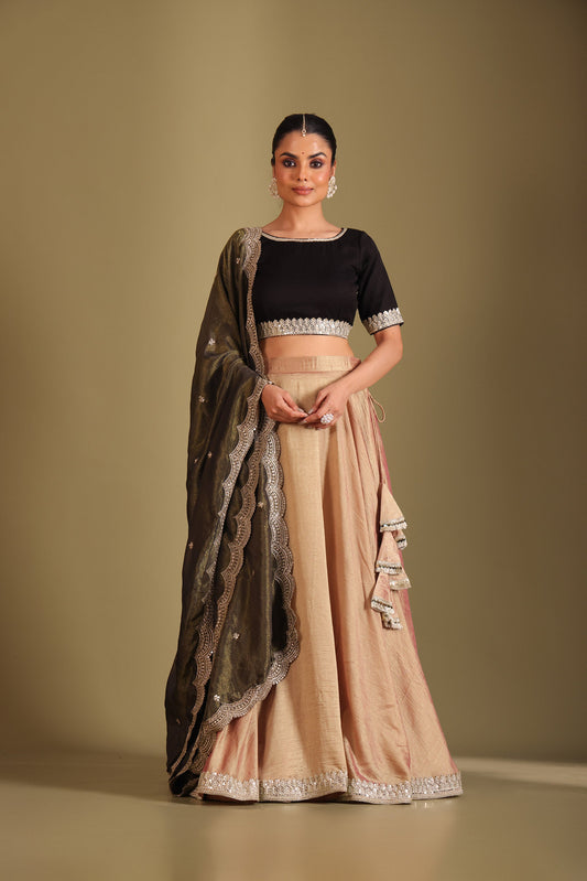 Jhalak Rose Gold & Black Kashmiri Silk Printed Lehenga And Dupatta