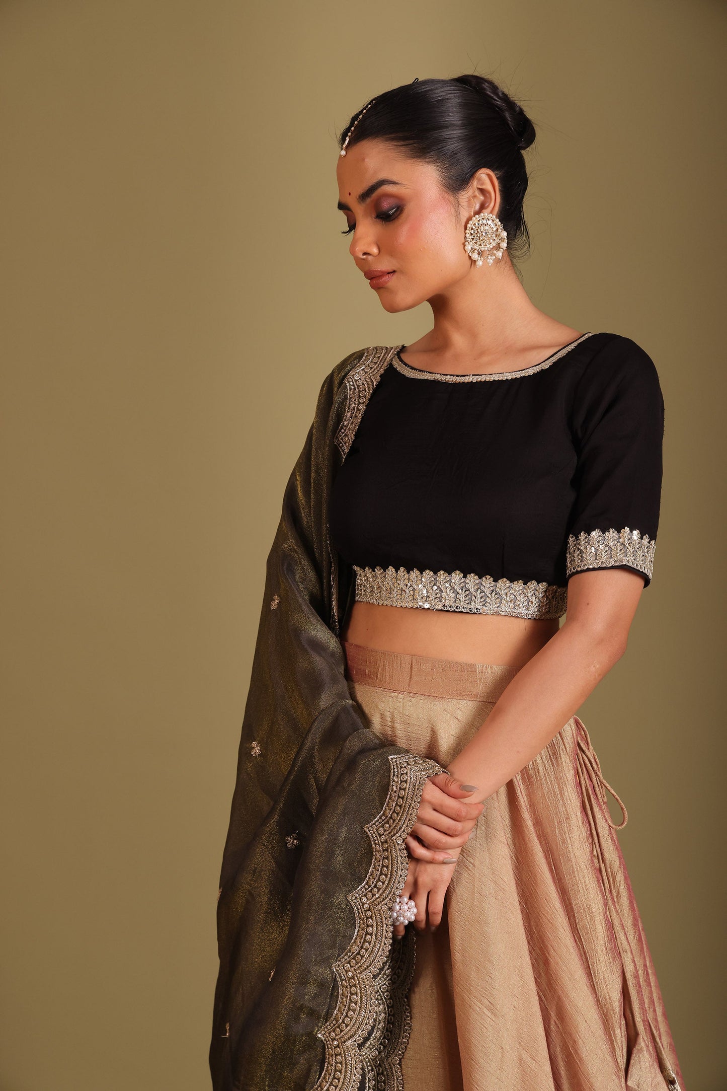 Jhalak Rose Gold & Black Kashmiri Silk Printed Lehenga And Dupatta