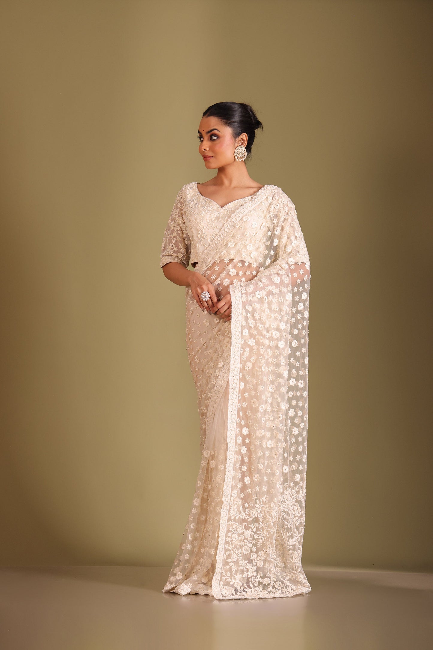 Rooh Ivory Embroidered Tulle Designer Saree