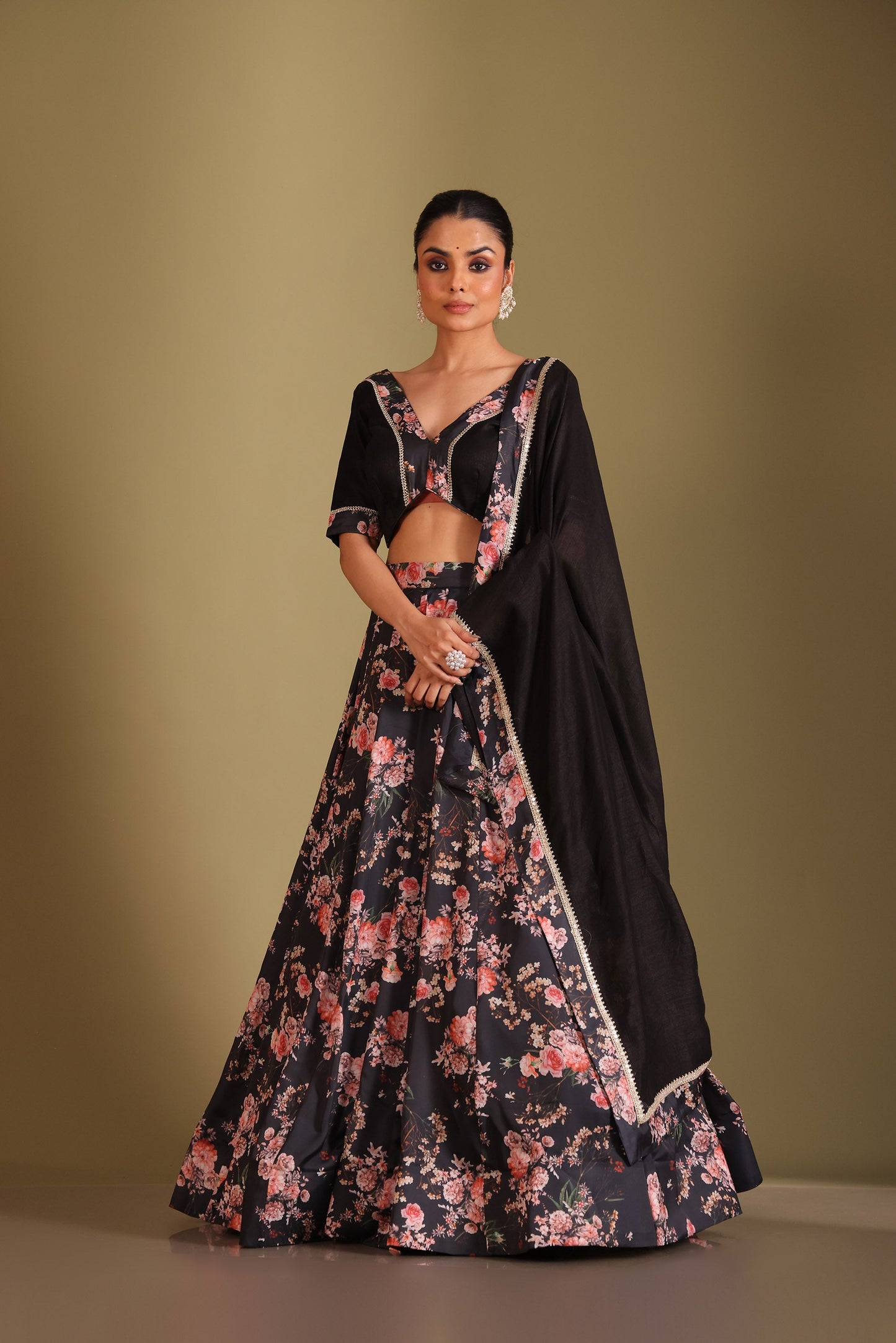 Gulzar Black Floral Printed Silk Crepe Lehenga And Dupatta