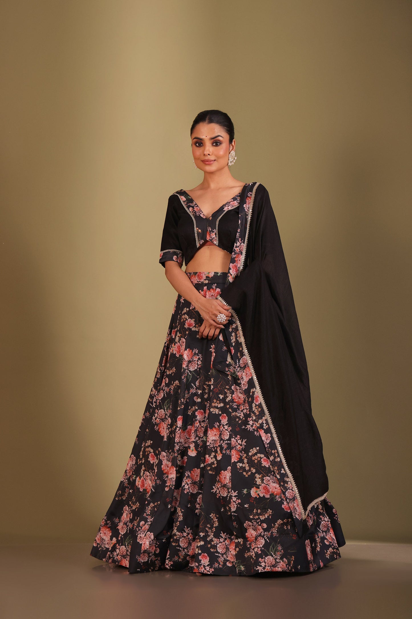 Gulzar Black Floral Printed Silk Crepe Lehenga And Dupatta