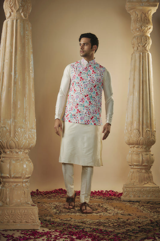 Daisy white digital print splendid silk kurta jacket set.